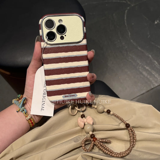 Blue Brown Stripe Phone Case with Phone Charm Strap,Compatible for iphone 17