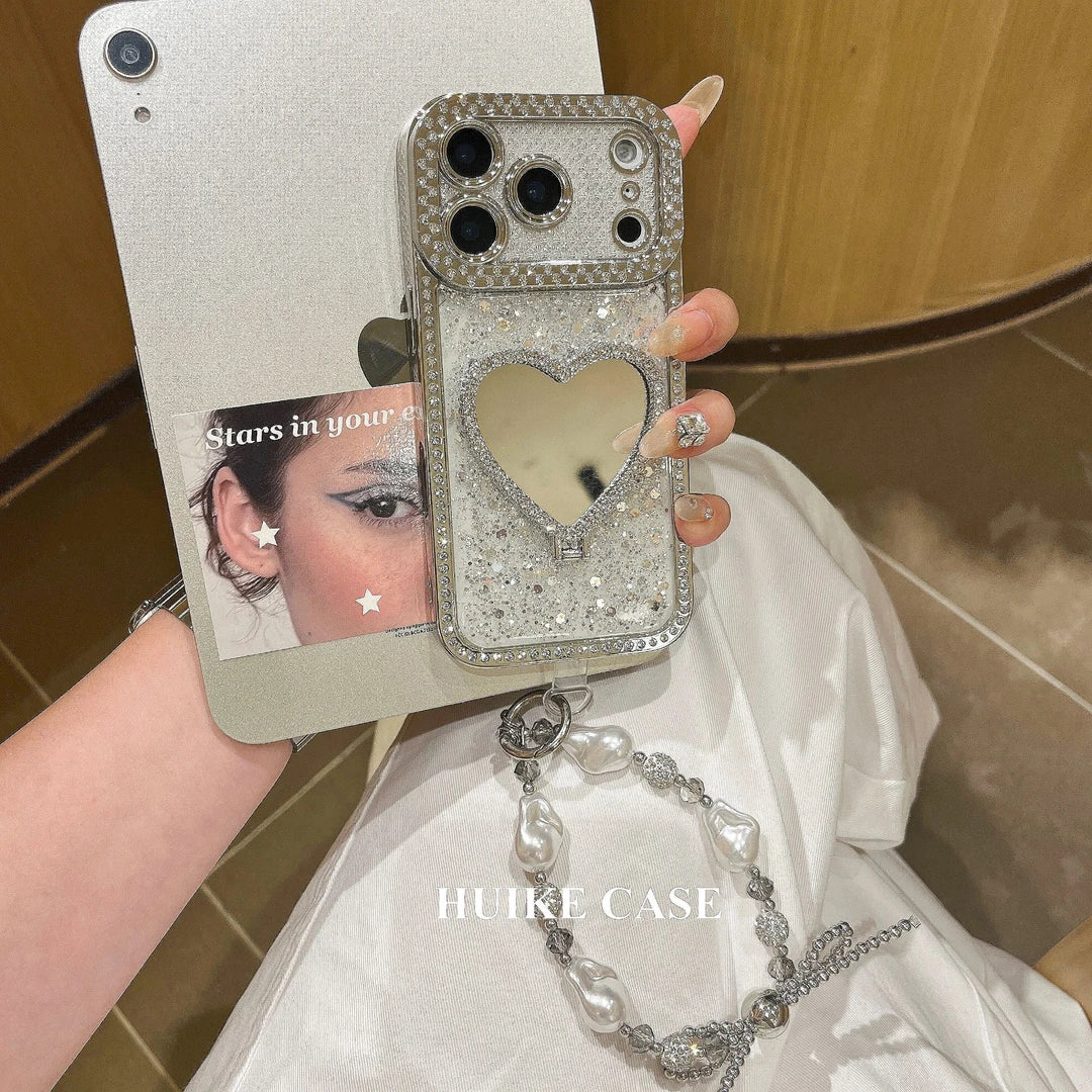 Shiny Heart Mirror Holder phone case  Phone Case with Phone Charm Strap,Compatible for iphone 17