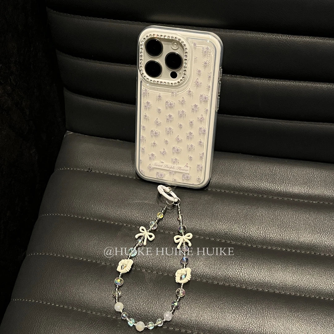 SUMMER FRESH Purple Flower White phone case with Phone Charm Strap
