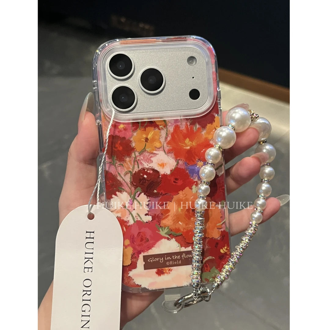 Colorful Flowers Oil Painting Phone Case with Phone Charm Strap,Compatible for iphone 17
