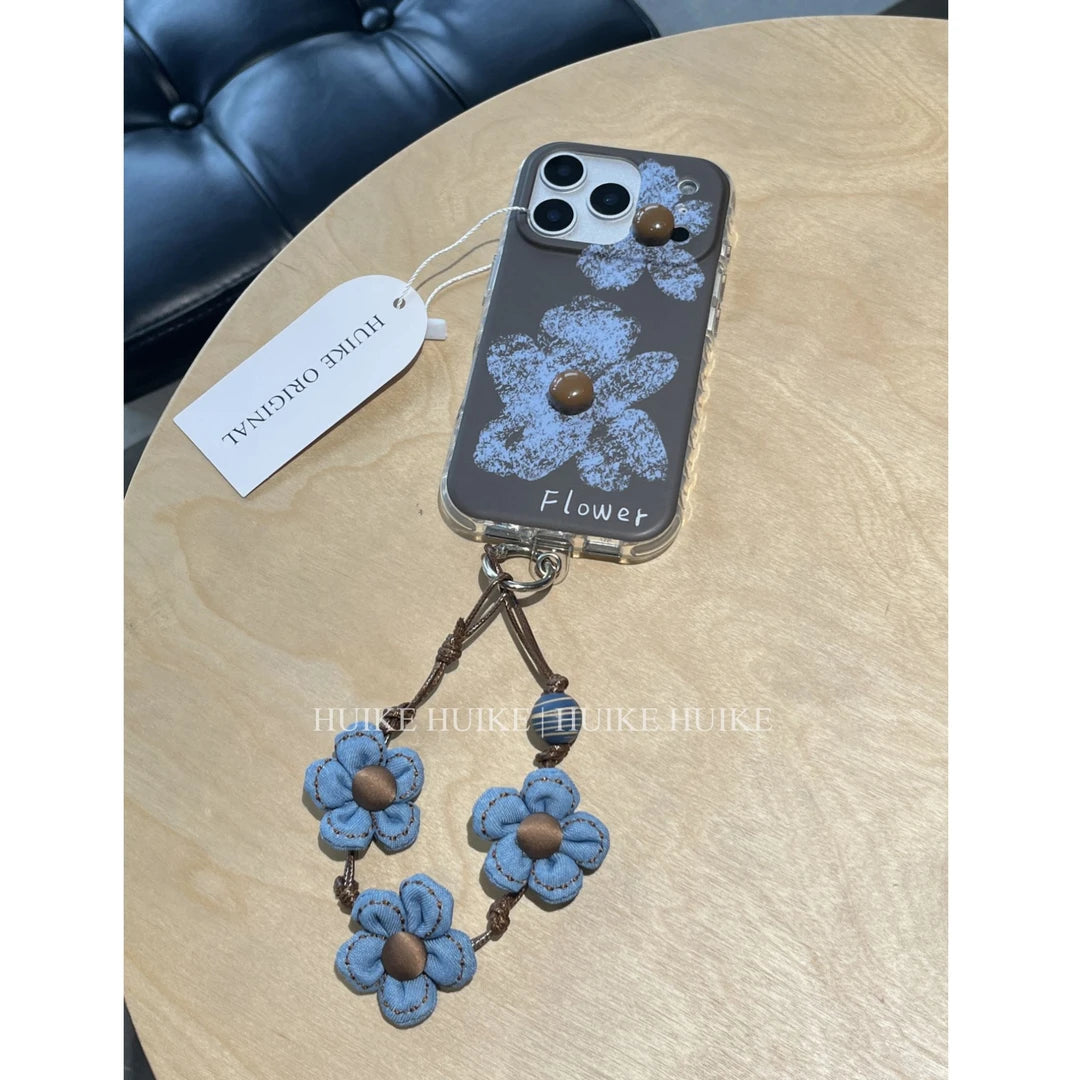 Blue Flower Phone Case with Phone Charm Strap,Compatible for iphone 17