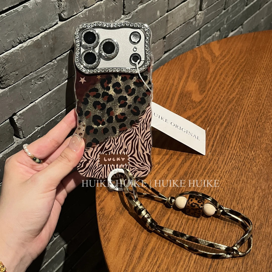 Leopard Zebra Star Combination Phone Case with Phone Charm Strap,Compatible for iphone 17