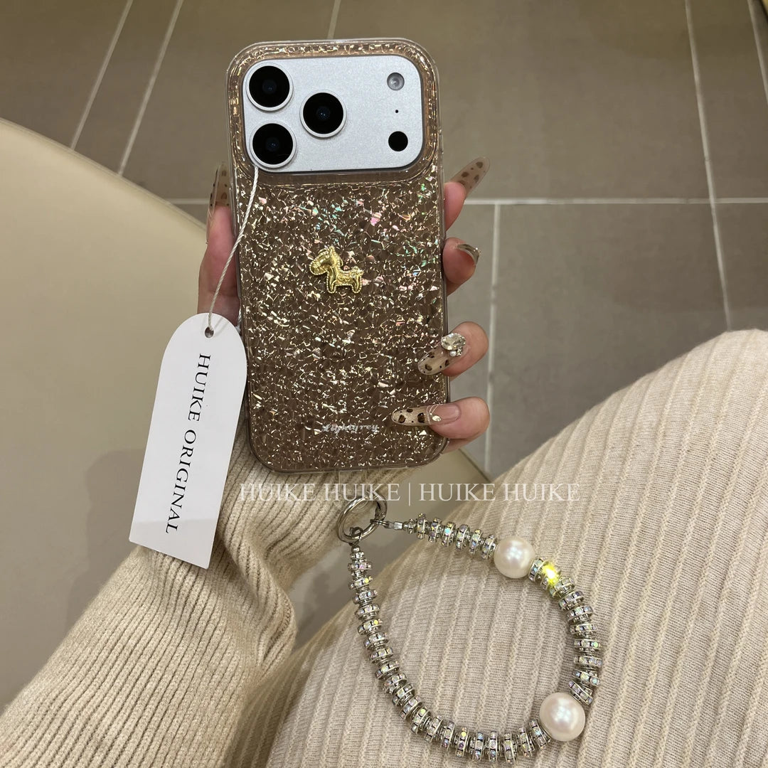 Shiny Red Mable Gold Horse Phone Case with Phone Charm Strap,Compatible for iphone 17