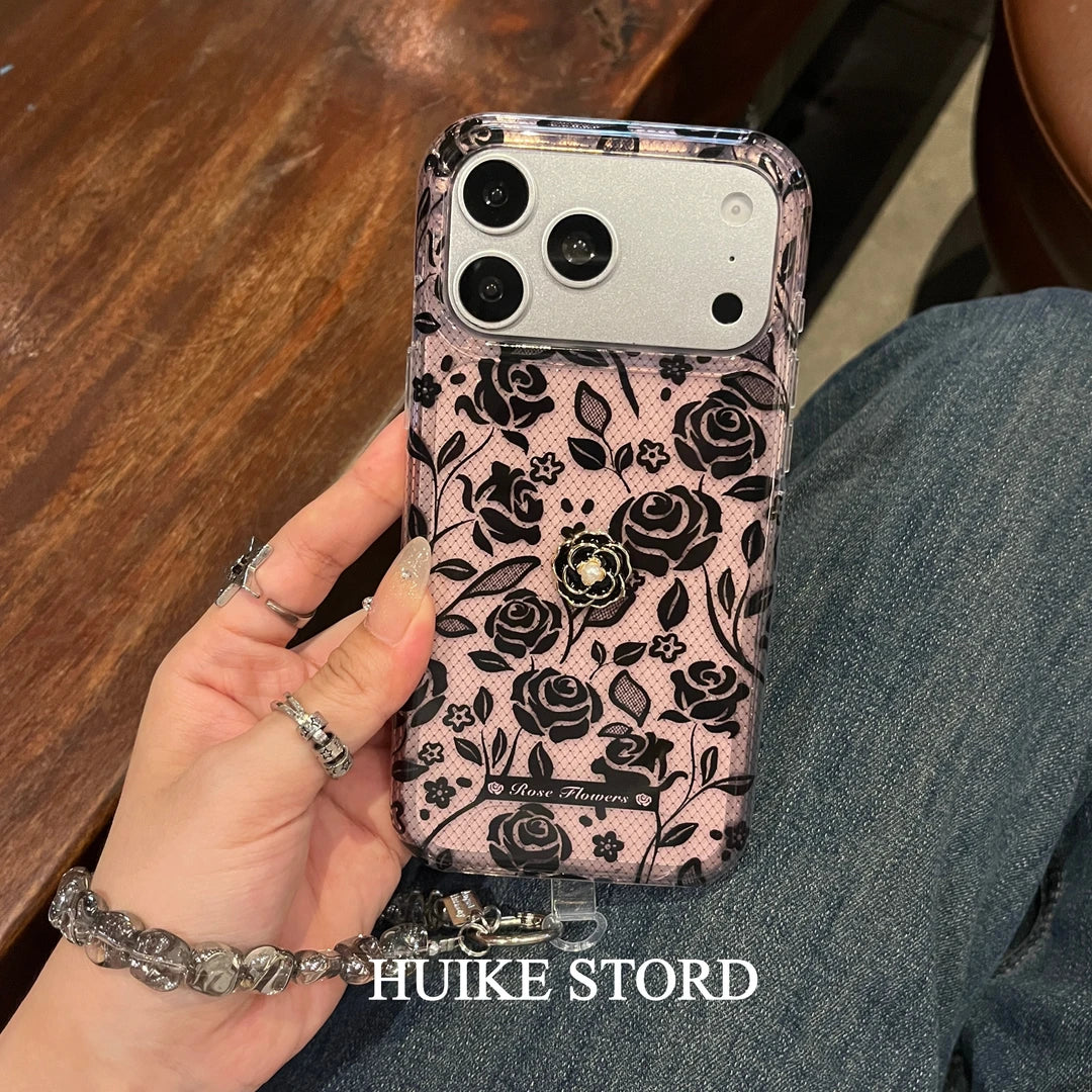 Black Camellia Phone Case with Phone Charm Strap,Compatible for iphone 17