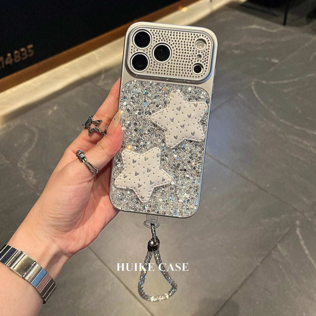 Sliver Gliter Hanfmade Star Phone Case with Phone Charm Strap,Compatible for iphone 17