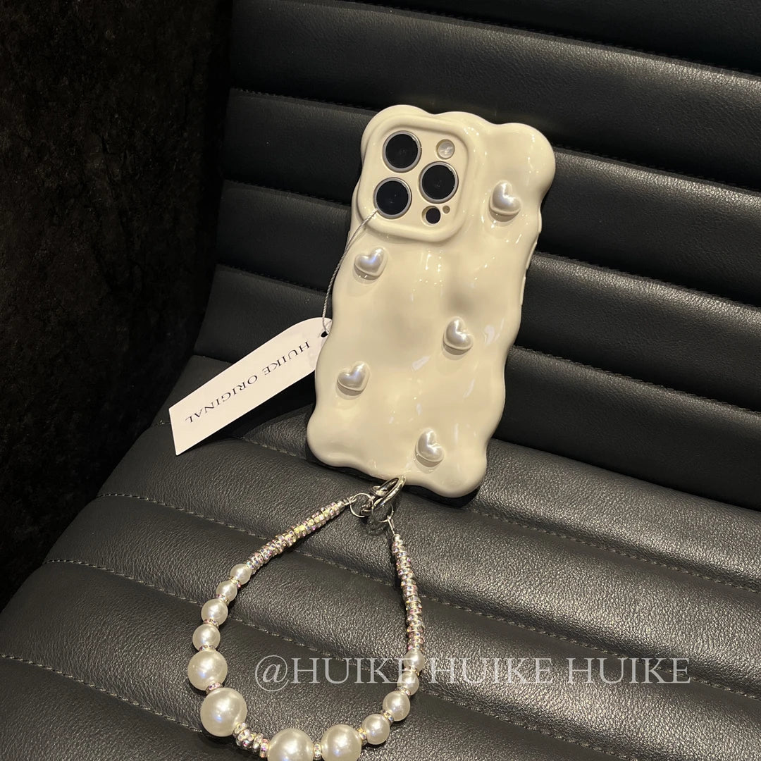 Pearl Heart Phone Case with Phone Charm Strap,Compatible for iphone 17
