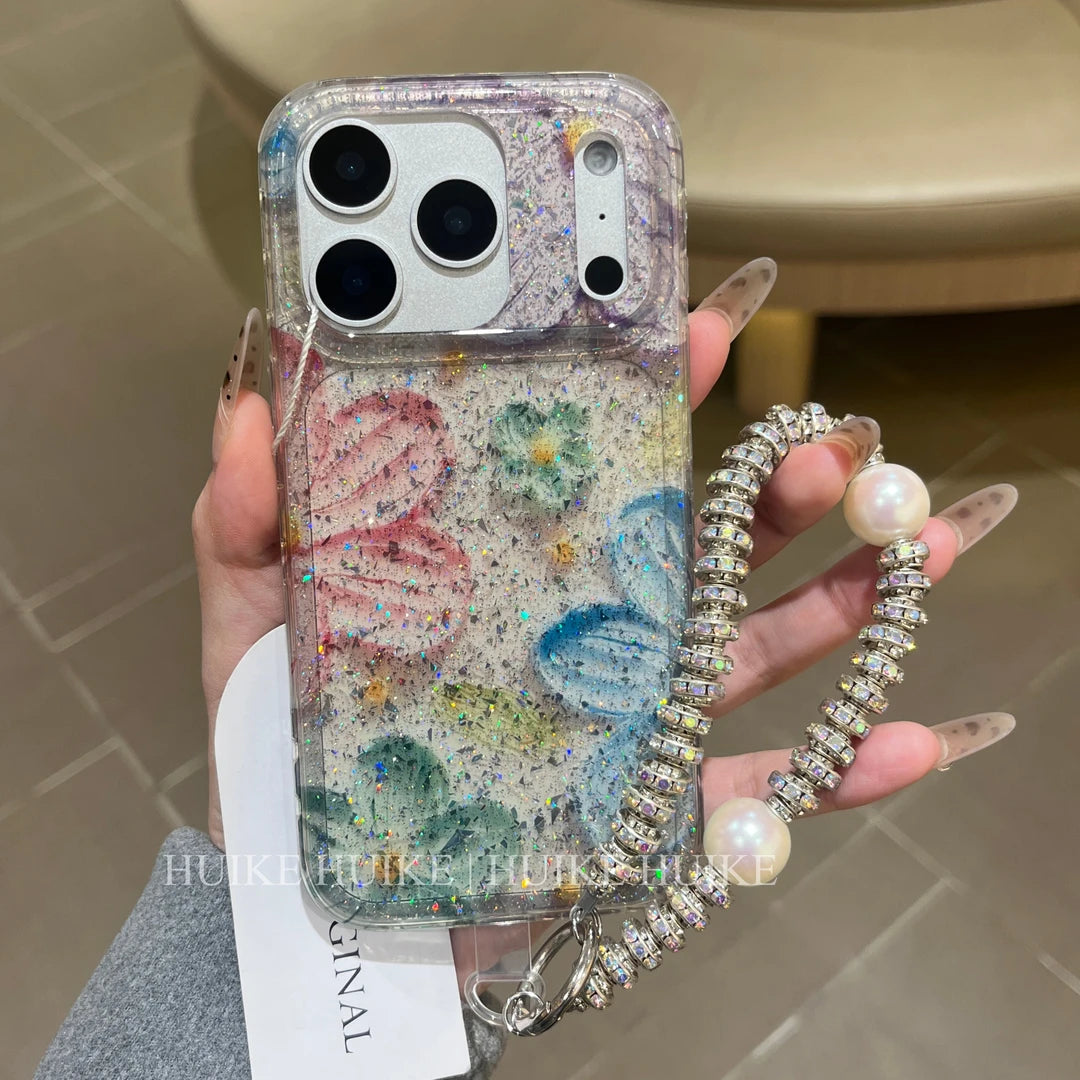 Gliter Colorful Flower Phone Case with Phone Charm Strap,Compatible for iphone 17