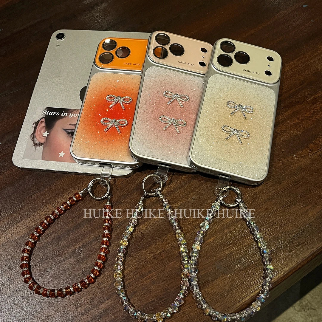 Shiny Gliter Bow Phone Case with Phone Charm Strap,Compatible for iphone 17