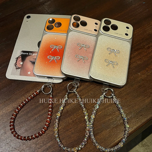 Shiny Gliter Bow Phone Case with Phone Charm Strap,Compatible for iphone 17