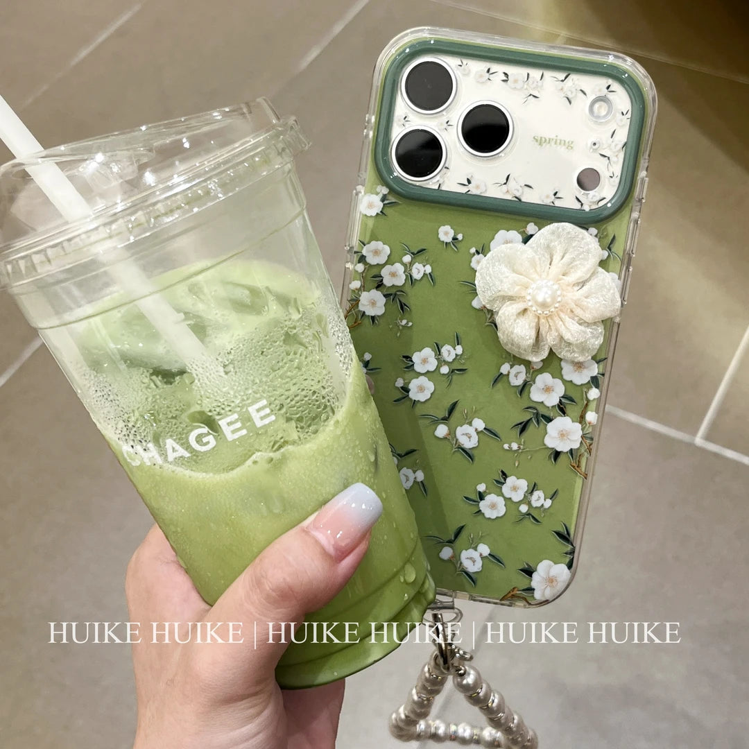 Green Handmade Camellia Flowers Phone Case with Phone Charm Strap,Compatible for iphone 17
