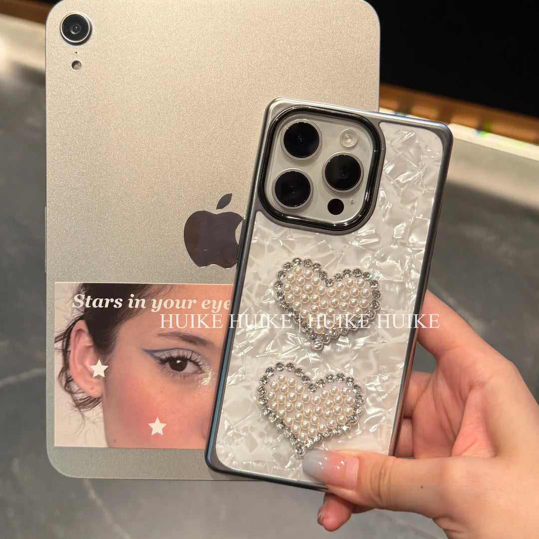 Pearl Heart Marble Pattern Square Phone Case with Phone Charm Strap,Compatible for iphone 17