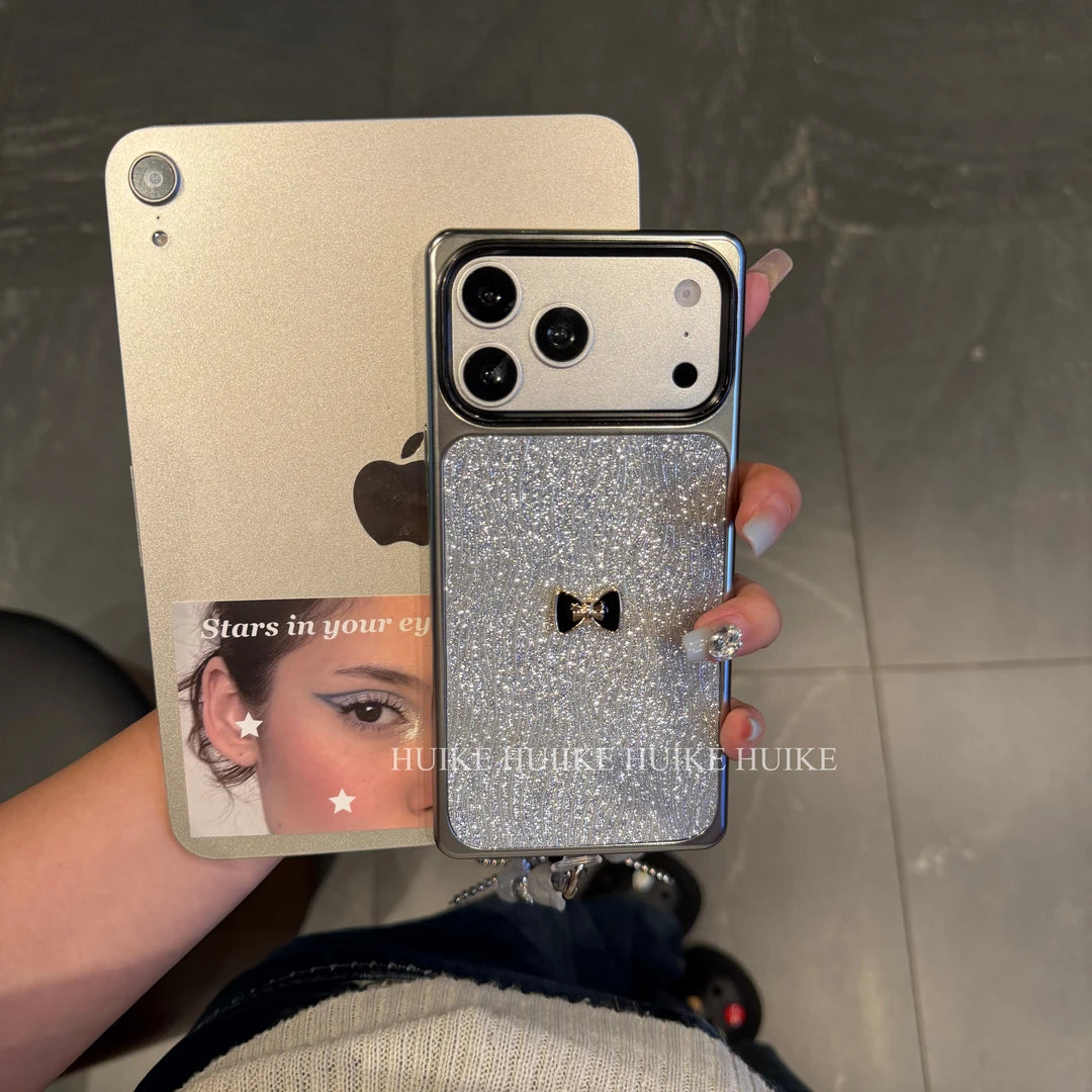 Bow Sparkling wave patterned square  Phone Case with Phone Charm Strap,Compatible for iphone 17