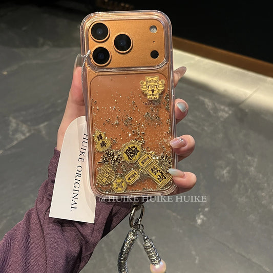 Gold & Good &Wealth & Luck Clear Liquid Glitter Phone Case with Phone Charm Strap,Compatible for iphone 17