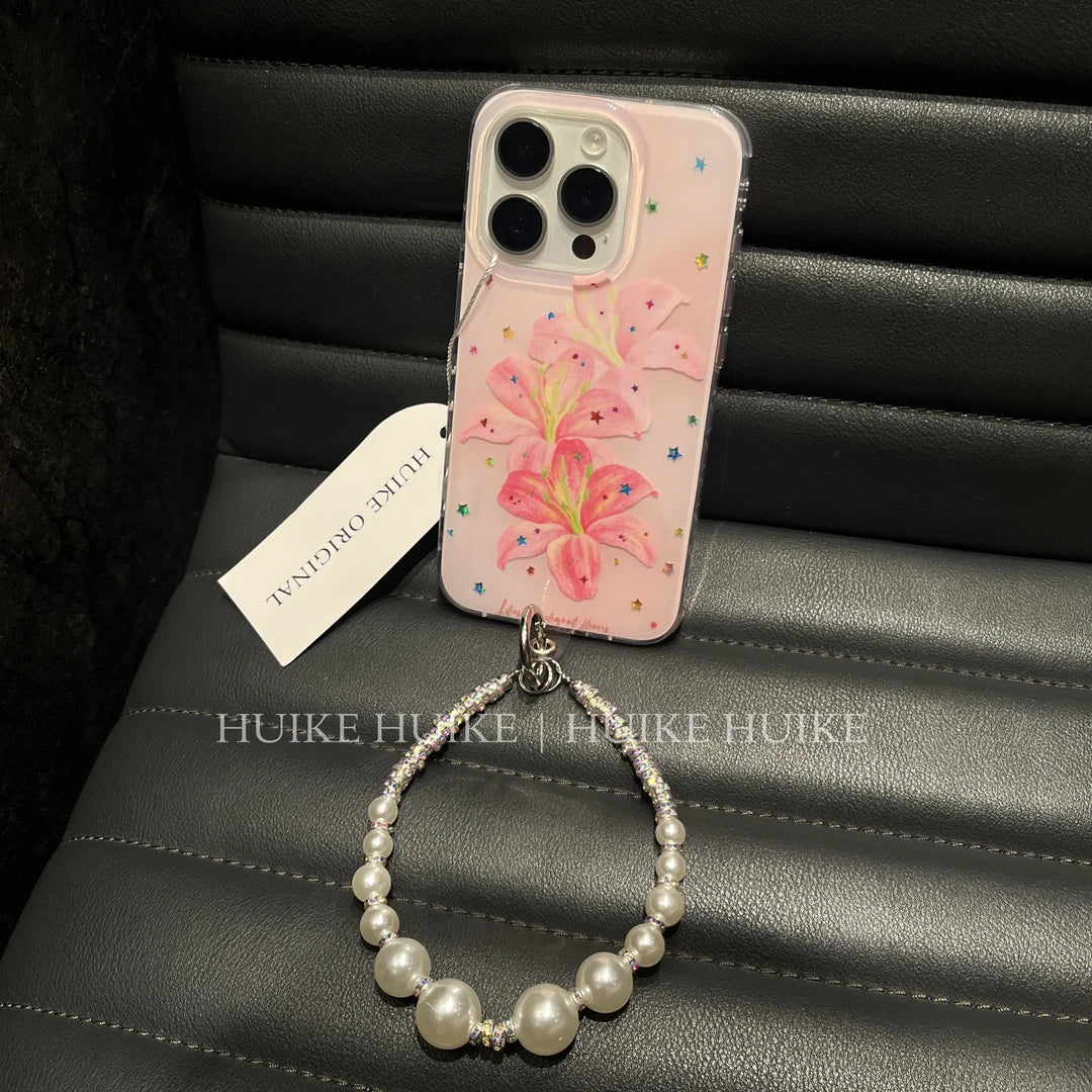 Pink Lily Star Transparent  Phone Case with Phone Charm Strap
