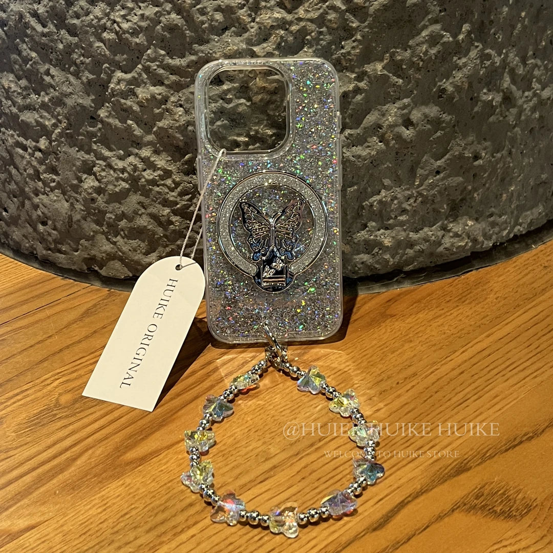 BUTTERFLY GLITTER Bracket Phone Case with Phone Charm Strap
