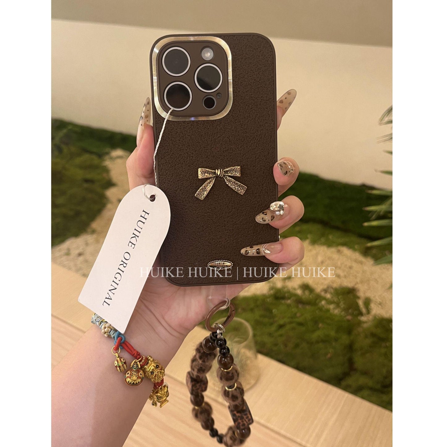 Brown Retro Bow Phone Case with Phone Charm Strap,Compatible for iphone 17