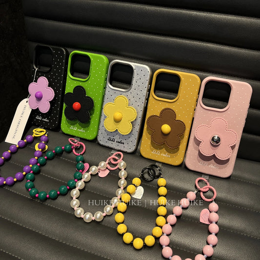 SUMMER FIOWER HOLDER Leather Phone Case with Phone Charm Strap