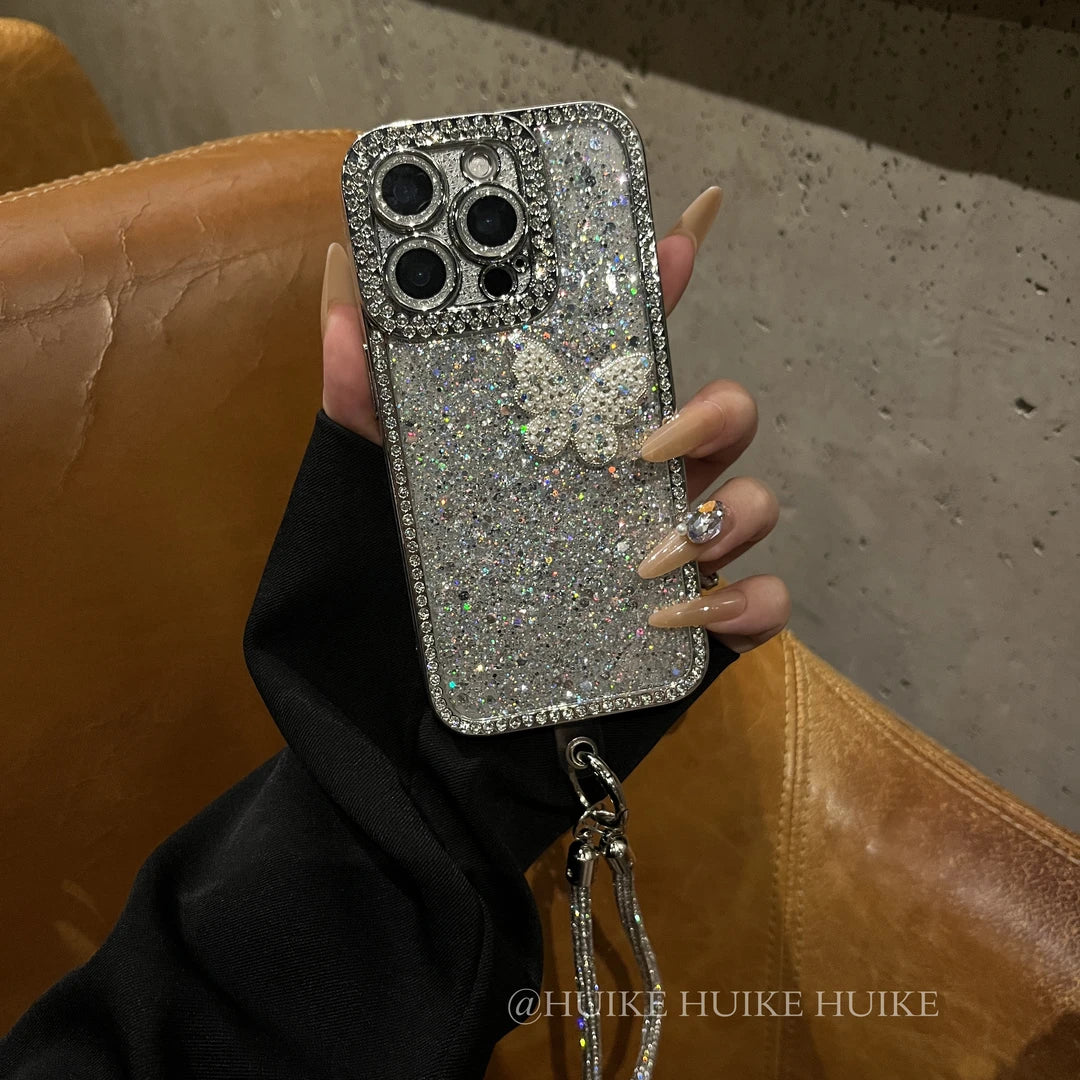 GLITTER BUTTERFLY Shining Phone Case with Phone Charm Strap