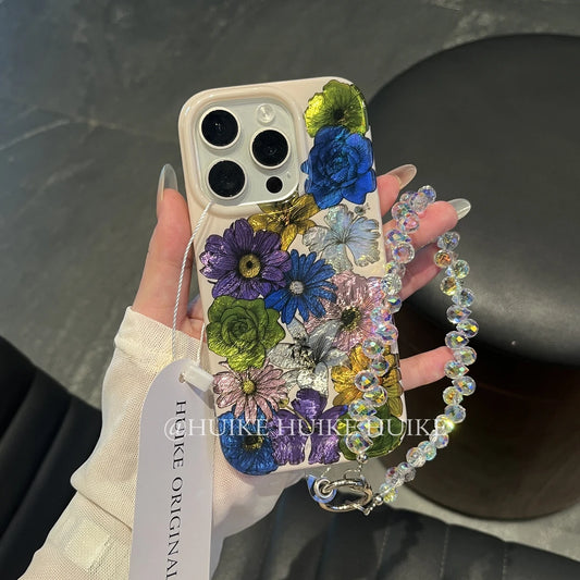 Colorful Flowers Phone Case with Phone Charm Strap
