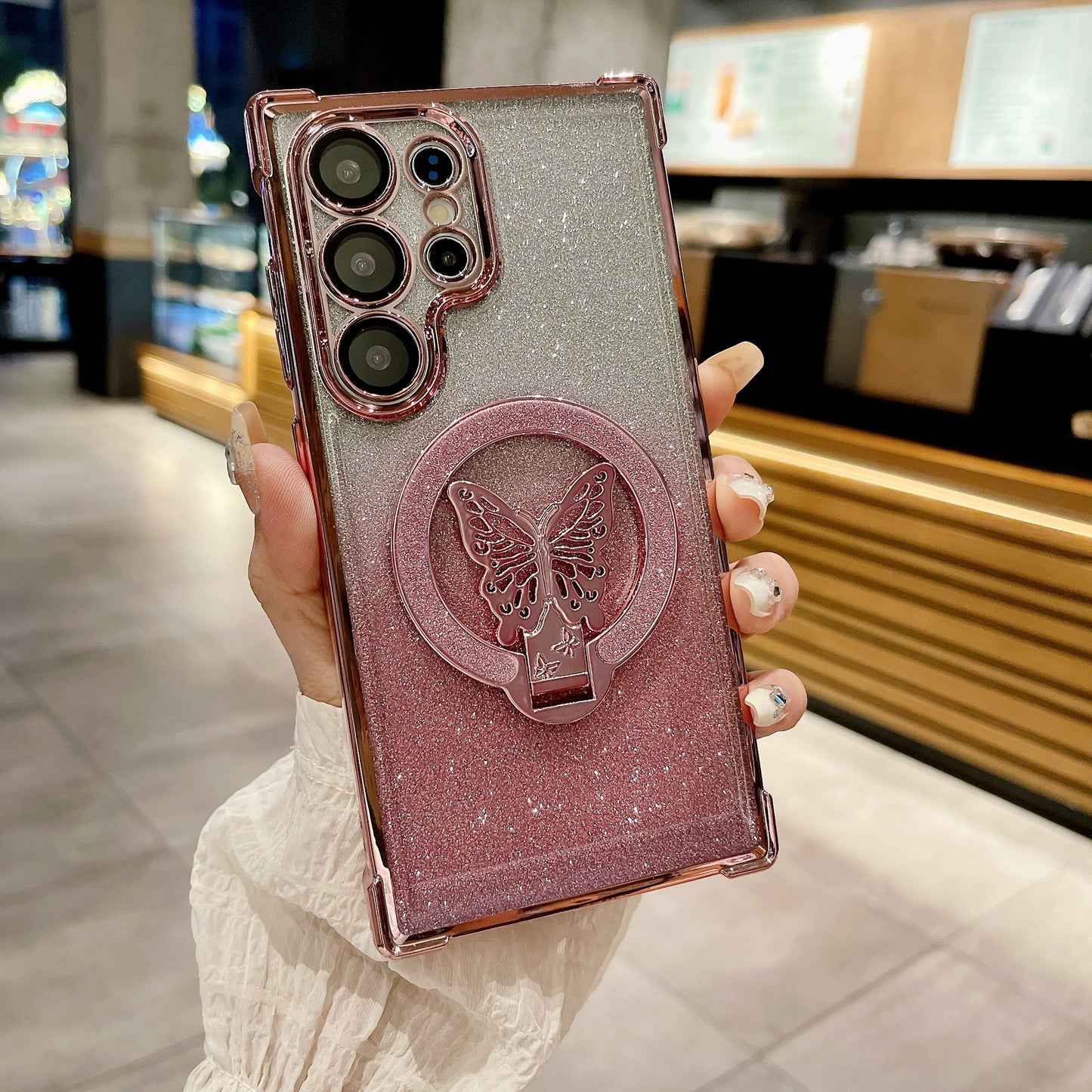 BUTTERFLY GLITTER Magnetic Bracket Phone Case, Compatible for Samsung