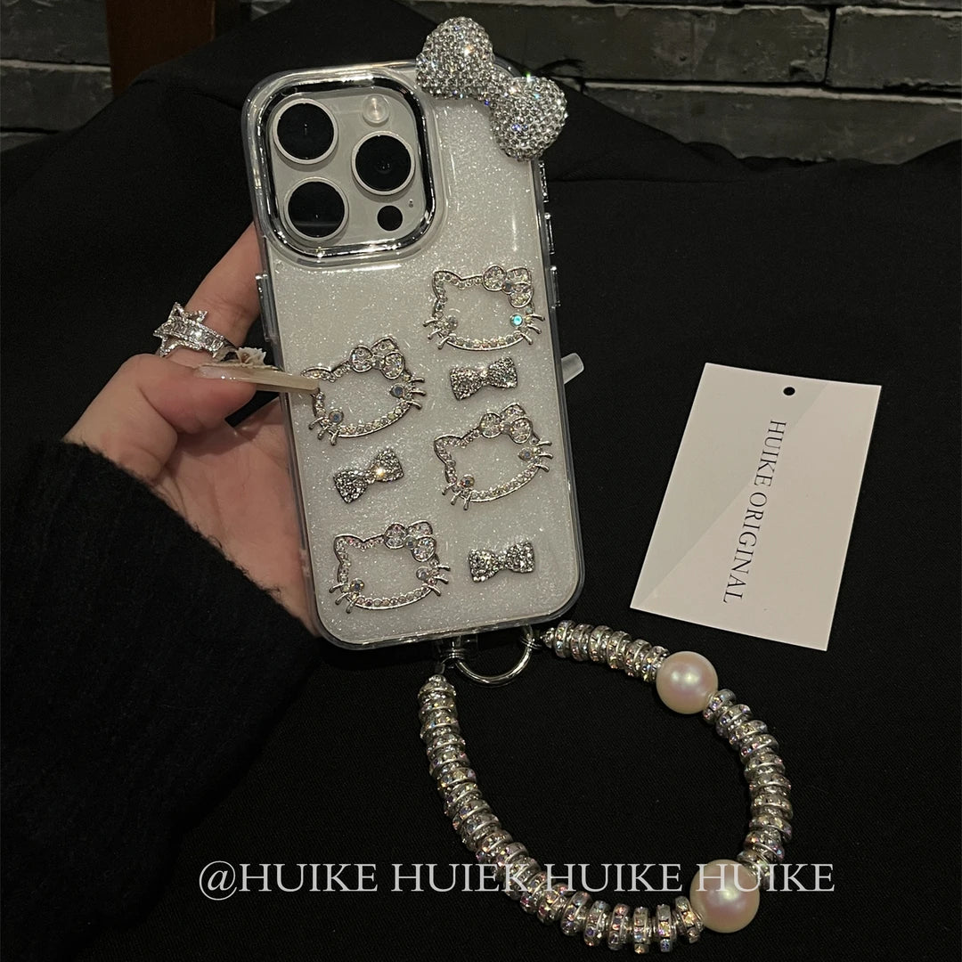 HANDMADE SILVERY KITTY CAT Sparkling Phone Case with Phone Charm Strap, Compatible for Samsung & iPhone