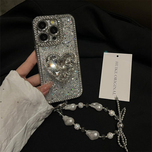RHINESTONE HEART SHAPED Bracket Phone Case with Phone Charm Strap