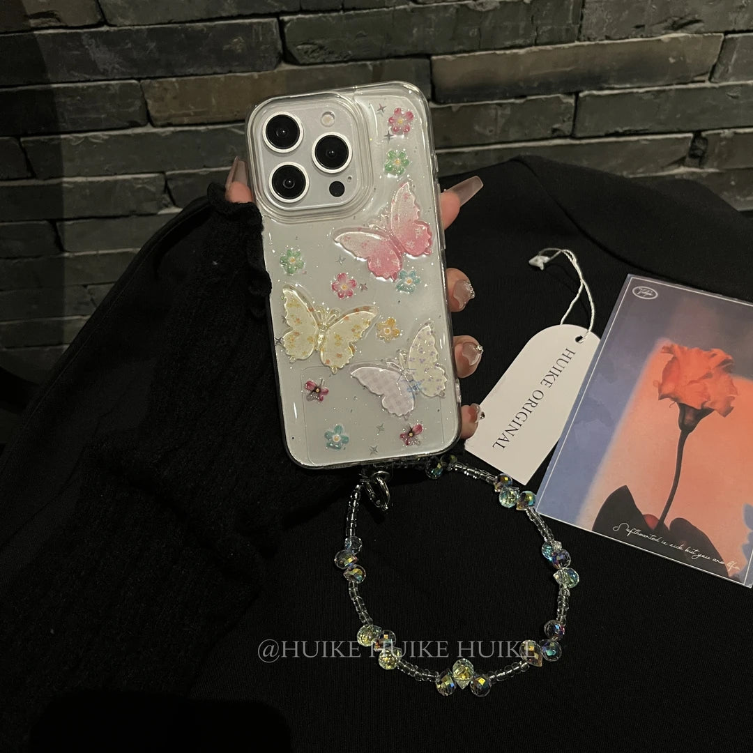 HANDMADE COLORFUL BUTTERFLY Transparent  Phone Case with Phone Charm Strap