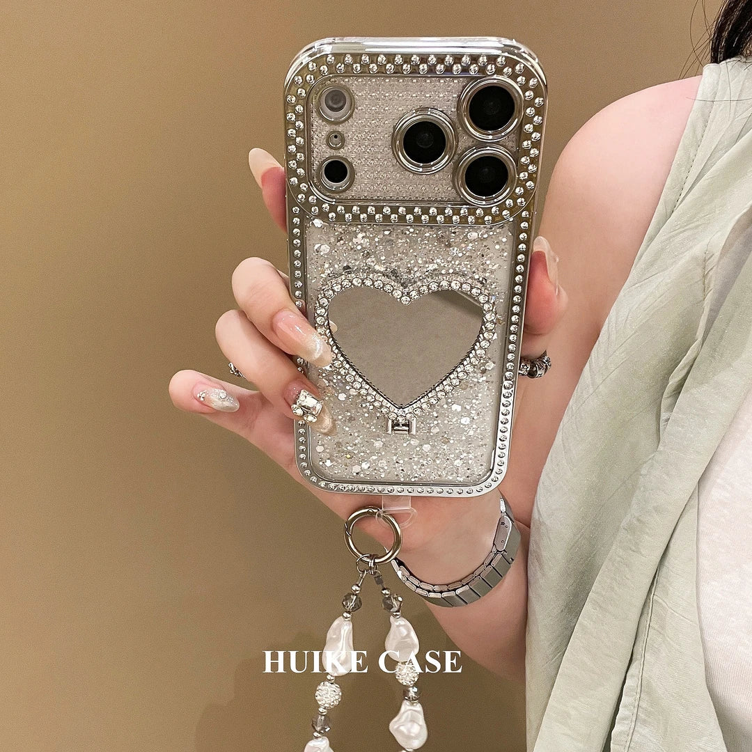 Shiny Heart Mirror Holder phone case  Phone Case with Phone Charm Strap,Compatible for iphone 17