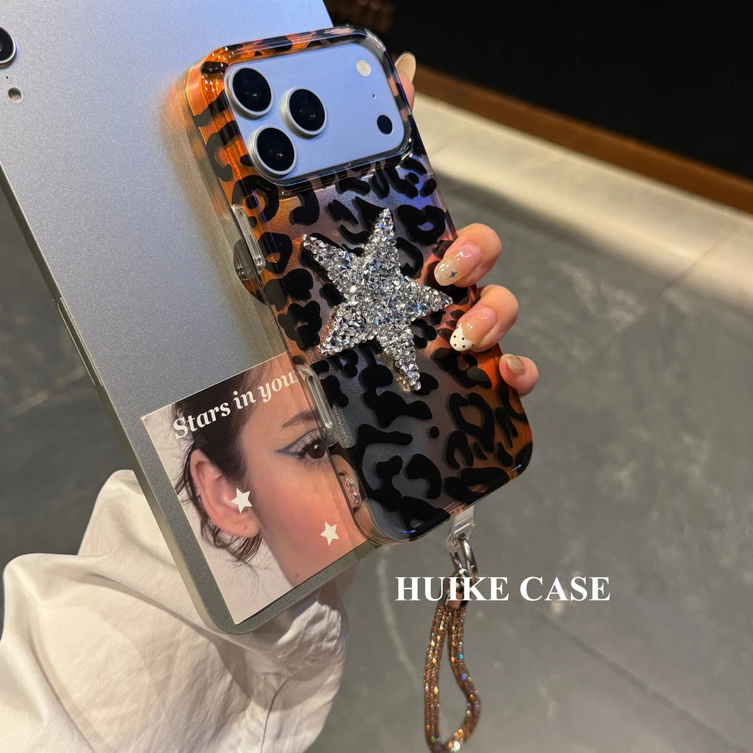 Advanced Leopard Print Match Big Shiny Star  Phone Case with Phone Charm Strap,Compatible for iphone 17