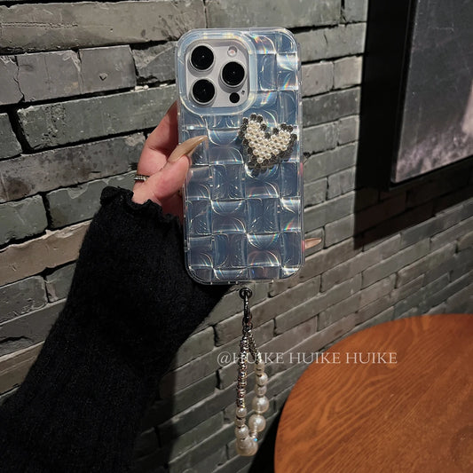 PEARL HEART Slivery Laser phone case with Phone Charm Strap