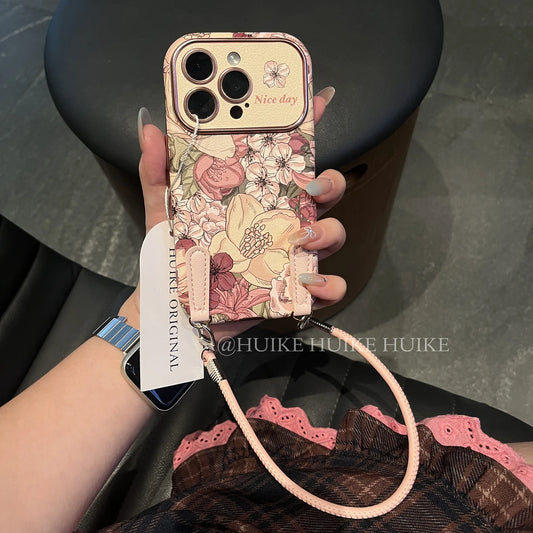 Retro flower Phone Case with Phone Charm Strap,Compatible for iphone 17