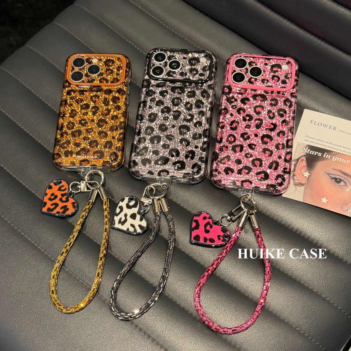 Glitter Leopard Phone Case with Phone Charm Strap,Compatible for iphone 18 /18 pro/18 pro max