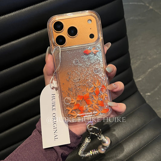 Transparent Water Flowing Goldfish Phone Case with Phone Charm Strap,Compatible for iphone 17