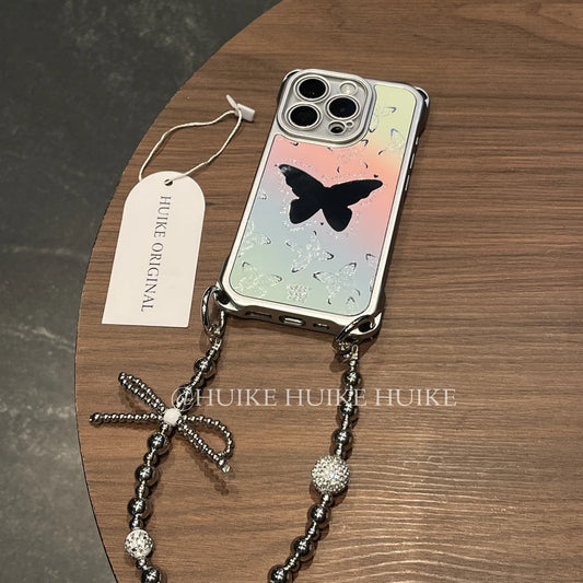 Color Gradient Butterfly Mirror Phone Case with Phone Charm Strap