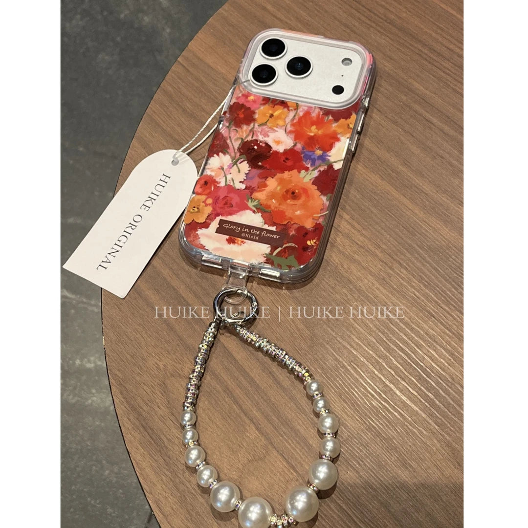 Colorful Flowers Oil Painting Phone Case with Phone Charm Strap,Compatible for iphone 17