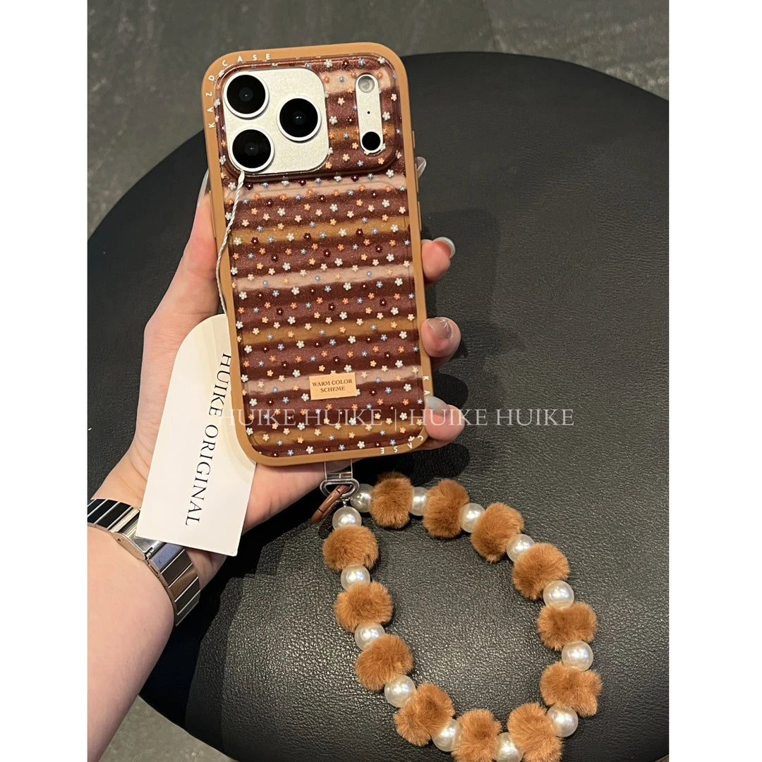 Autumn And Winter Brown Little Floral Phone Case with Phone Charm Strap,Compatible for iphone 17