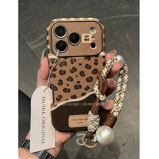 Leather Leopard Print Cherry Phone Case with Phone Charm Strap,Compatible for iphone 17