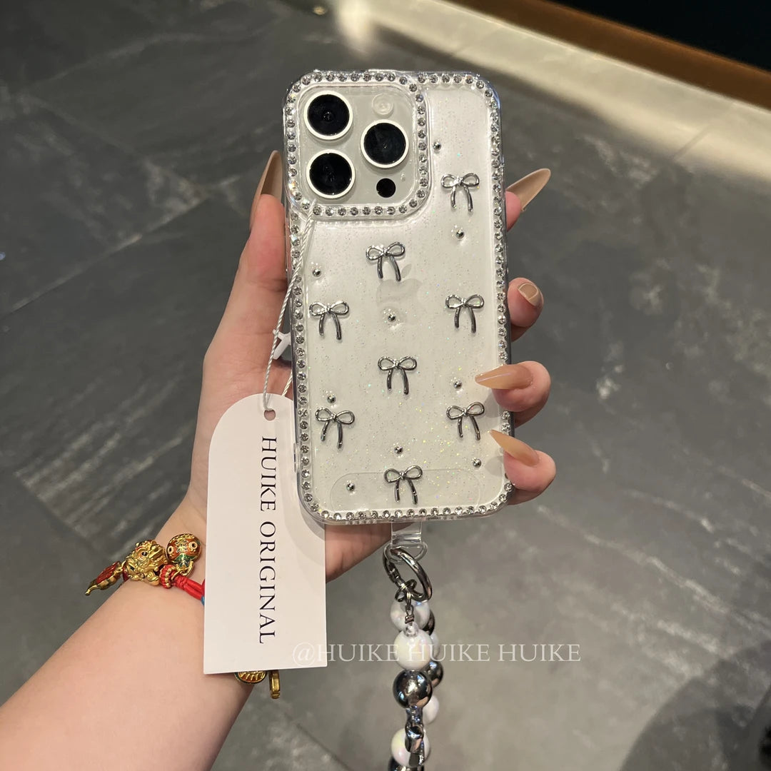 HANDMADE SLIVER BOW Transparent Drop Glue phone case with Phone Charm Strap