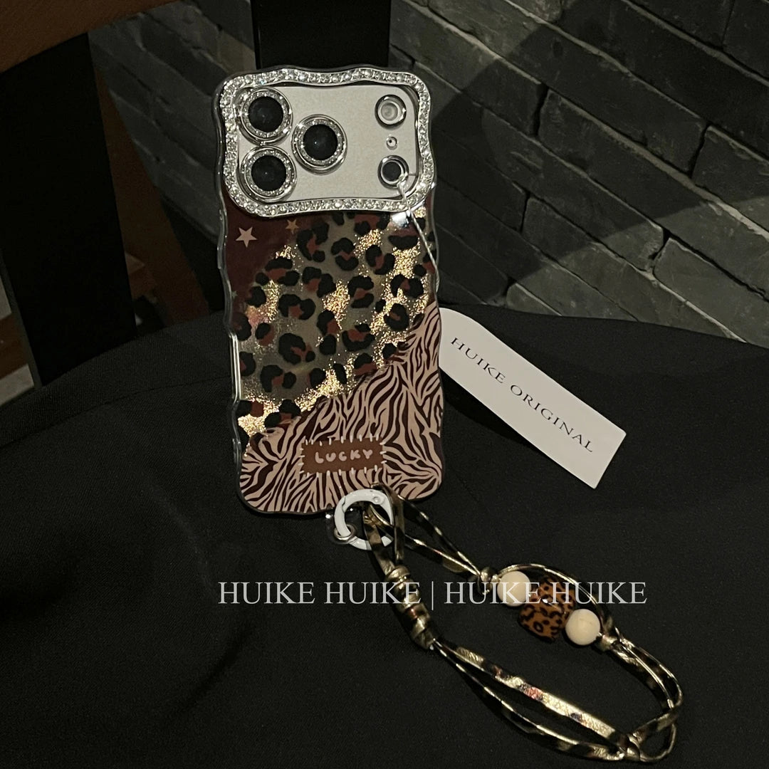 Leopard Zebra Star Combination Phone Case with Phone Charm Strap,Compatible for iphone 17