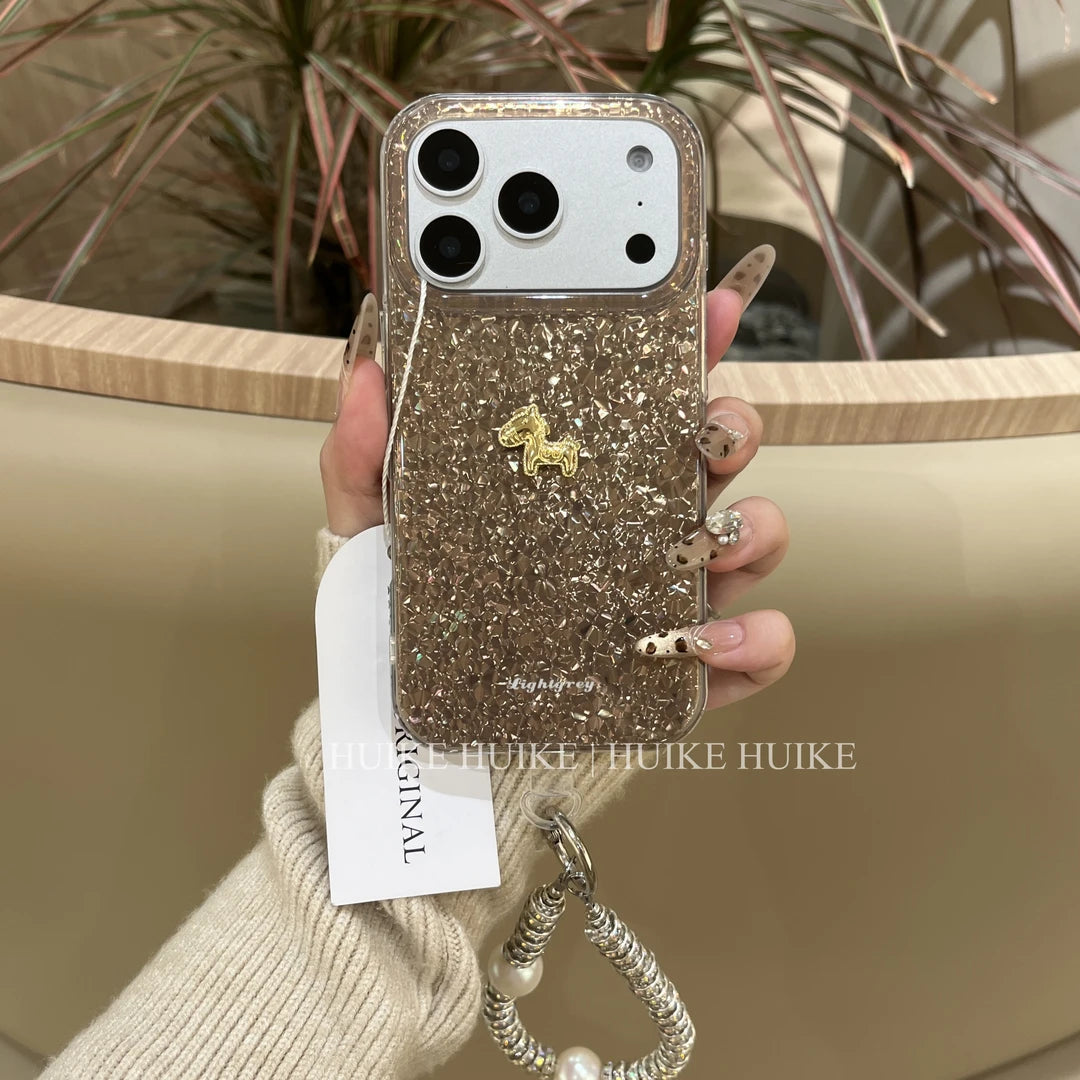 Shiny Red Mable Gold Horse Phone Case with Phone Charm Strap,Compatible for iphone 17