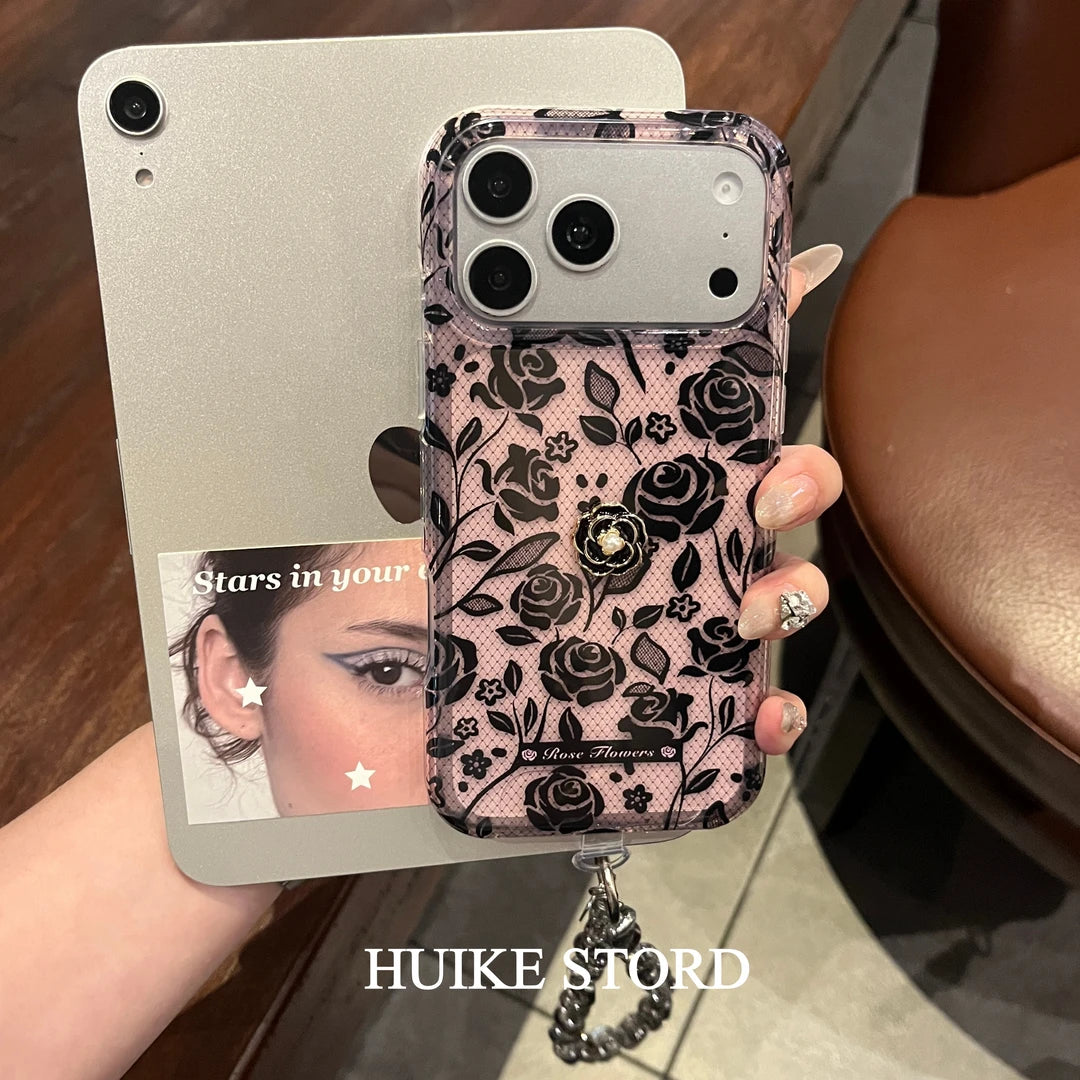 Black Camellia Phone Case with Phone Charm Strap,Compatible for iphone 17