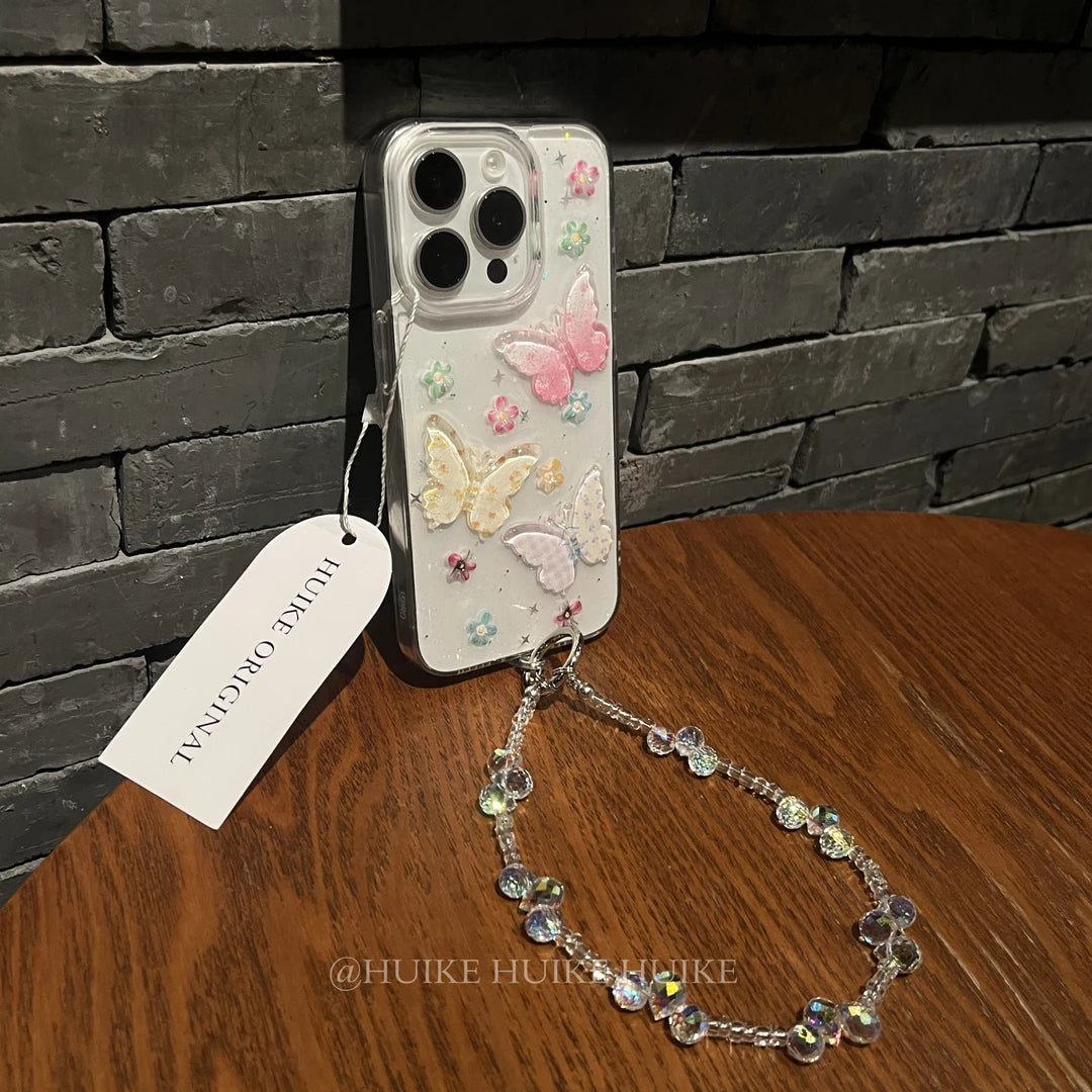 HANDMADE COLORFUL BUTTERFLY Transparent  Phone Case with Phone Charm Strap