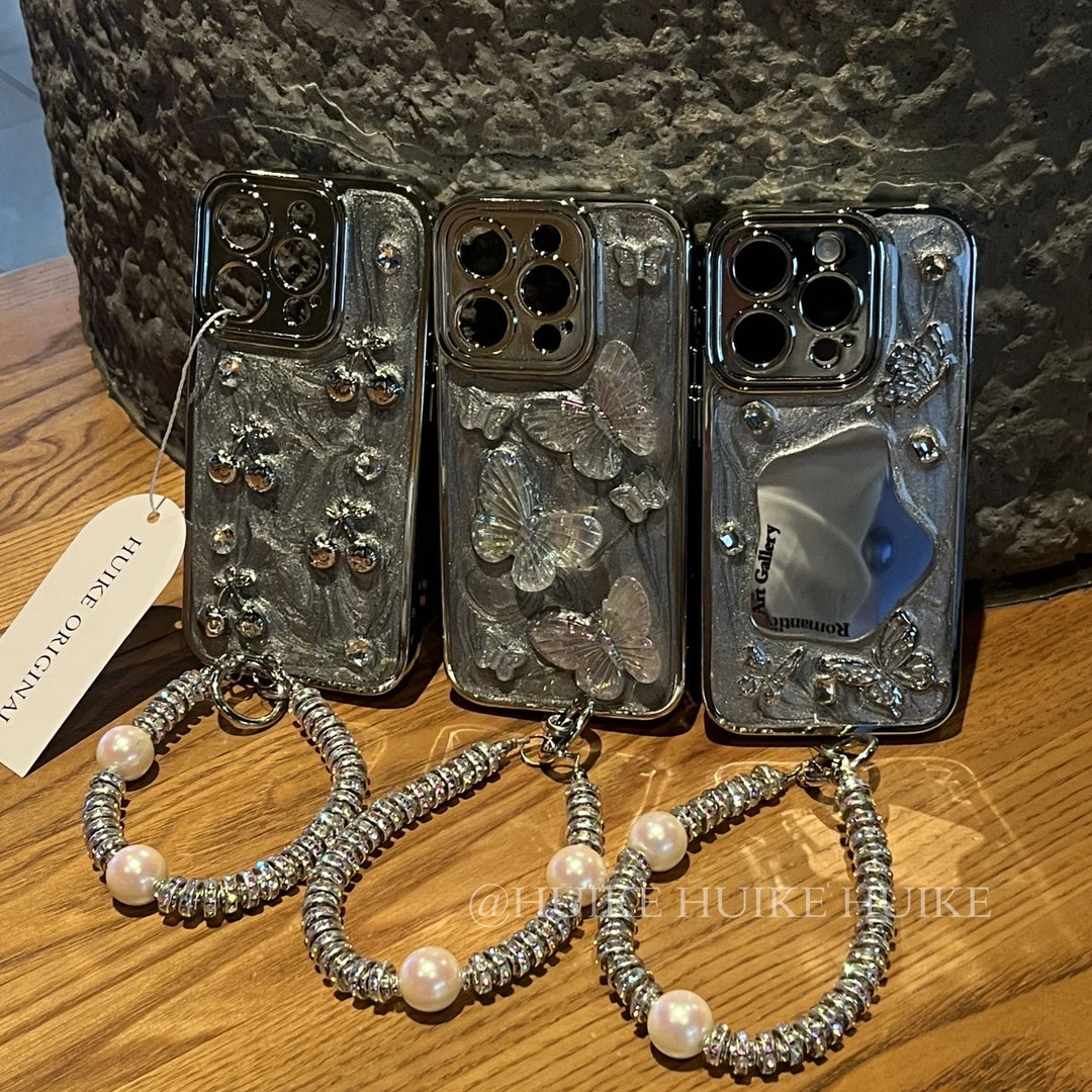 HANDMADE GREY SPARKING Phone Case with Phone Charm Strap