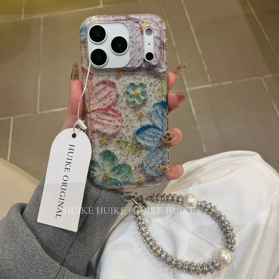 Gliter Colorful Flower Phone Case with Phone Charm Strap,Compatible for iphone 17