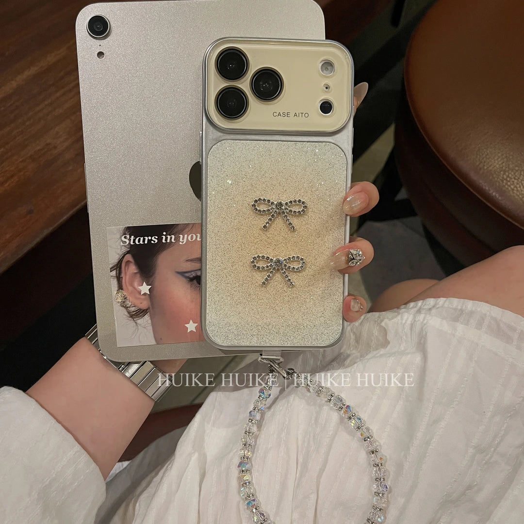 Shiny Gliter Bow Phone Case with Phone Charm Strap,Compatible for iphone 17