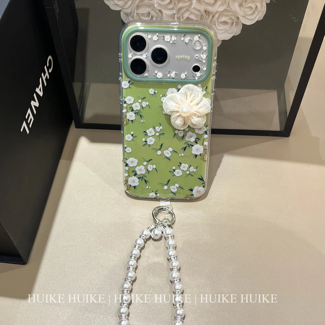 Green Handmade Camellia Flowers Phone Case with Phone Charm Strap,Compatible for iphone 17