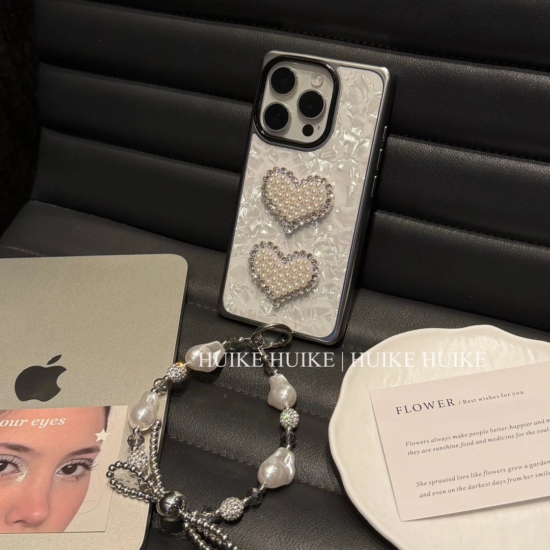Pearl Heart Marble Pattern Square Phone Case with Phone Charm Strap,Compatible for iphone 17