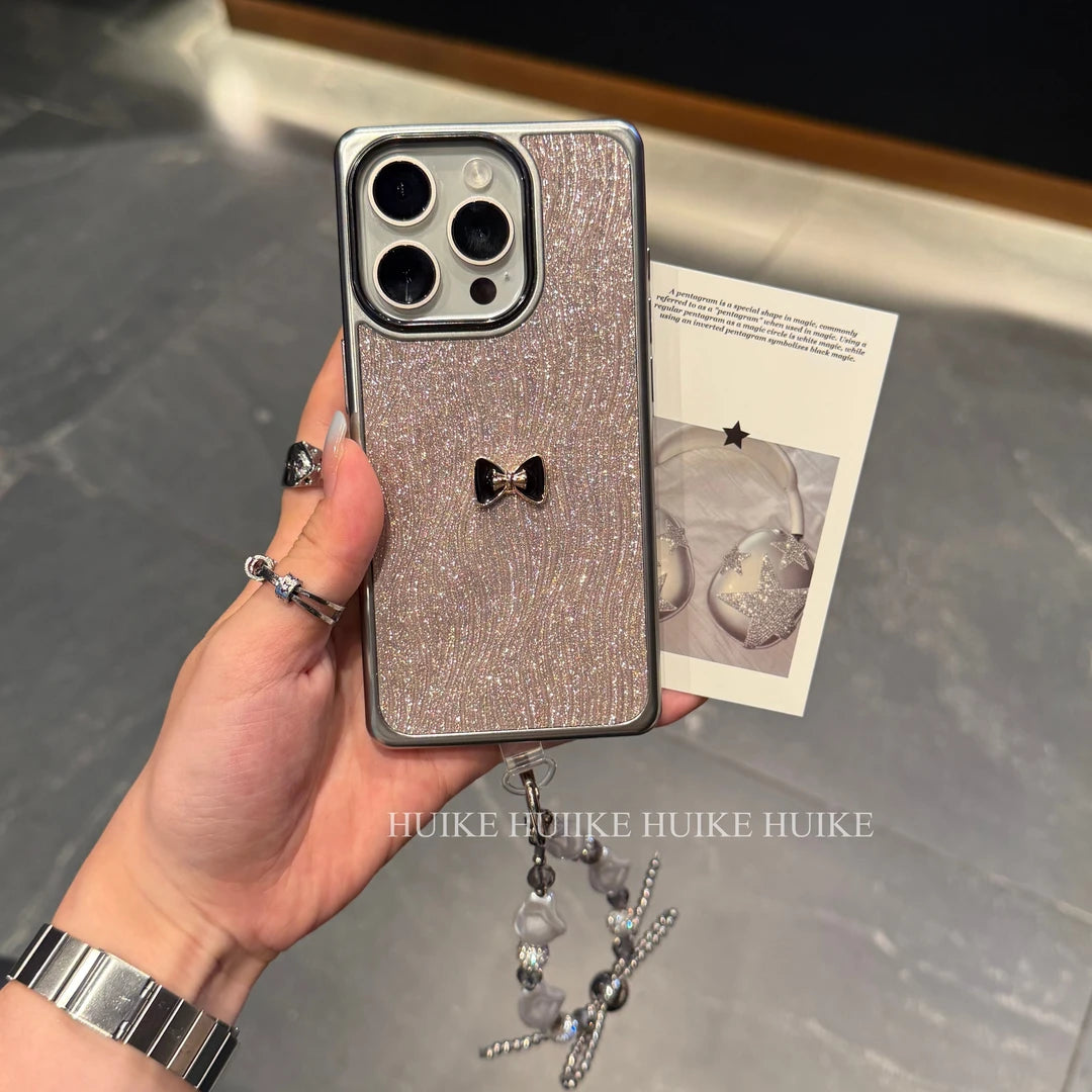Bow Sparkling wave patterned square  Phone Case with Phone Charm Strap,Compatible for iphone 17