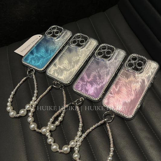 Diamond Studded Feather Phone Case with Phone Charm Strap