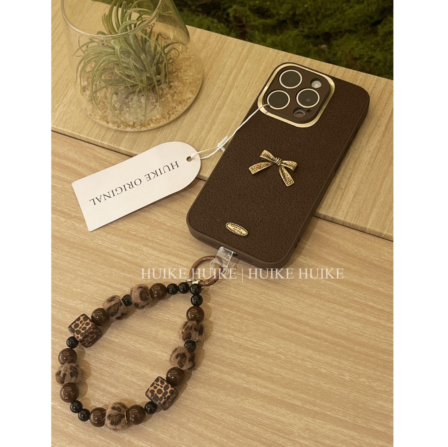 Brown Retro Bow Phone Case with Phone Charm Strap,Compatible for iphone 17